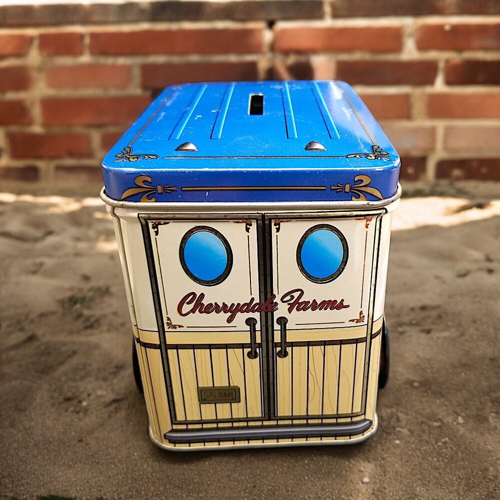 Tin Delivery Truck Coin Bank Vintage Cherrydale Farms w/Spinning Wheels - Picture 3 of 15